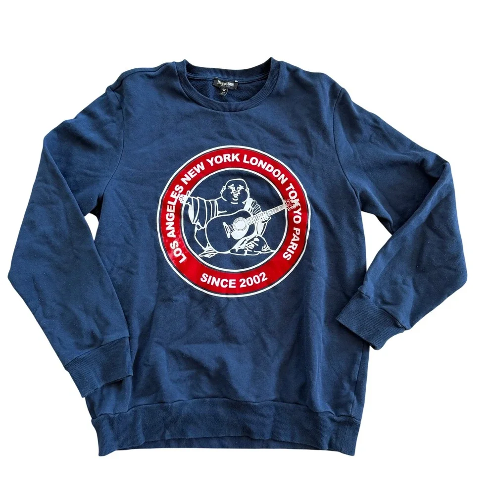 True Religion City Buddha Y2K Graphic Sweatshirt Unisex Large Navy Blue Crewneck